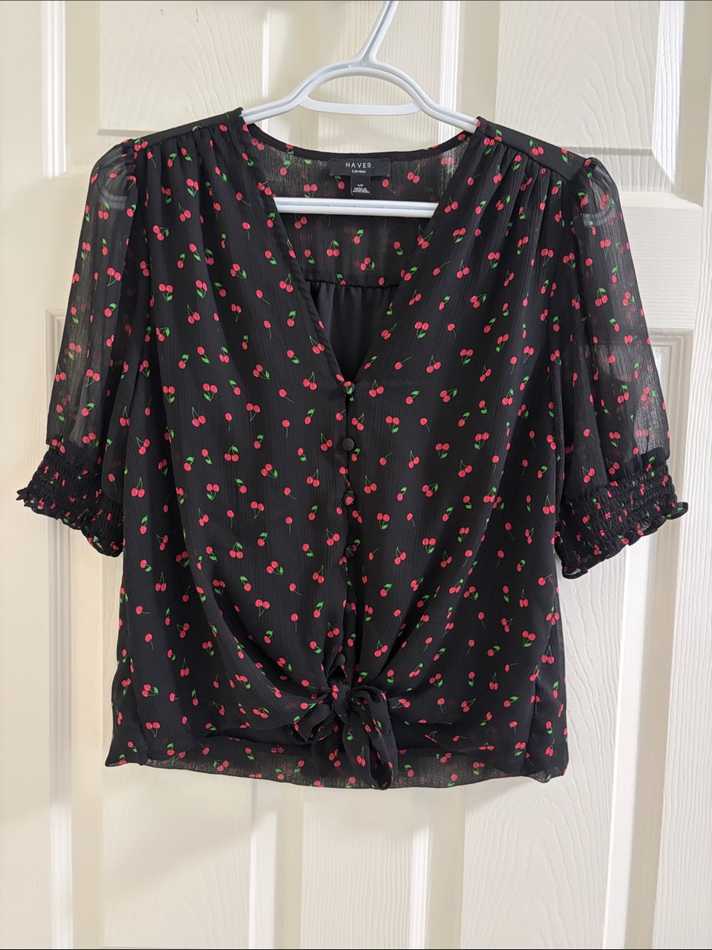 Haven Black Cherry-Print Tie-Front Blouse